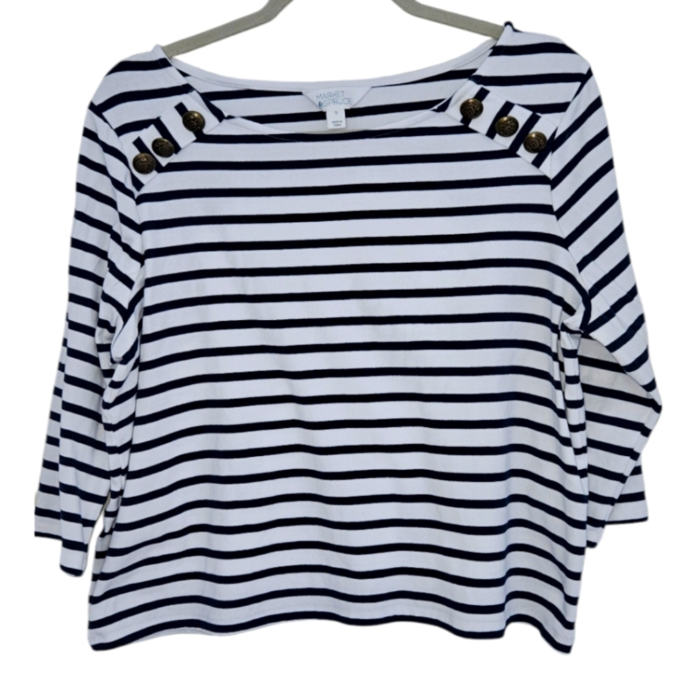 Market & Spruce Navy and White Striped Boatneck Top with Brass Buttons